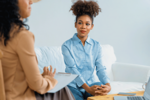 a therapist and client discuss the question: what is trauma-focused care?