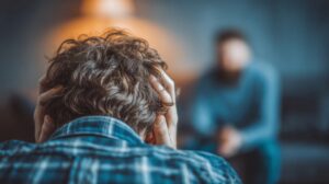 Person sitting with their head in their hands, appearing distressed, while another person sits across from them in the background, possibly offering support or listening.